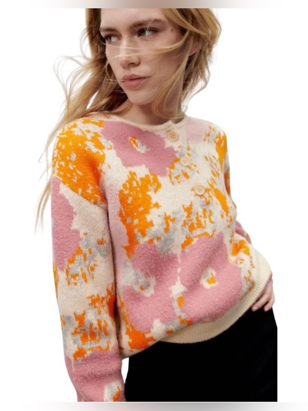 Zara floral jacquard knit cropped 1/4 button down sweater